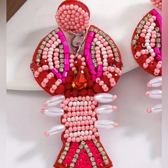 Pink Lobster Beaded Rhinestone Earrings Multicolored Boho Gift Jewelry Beach - Picture 2 of 3